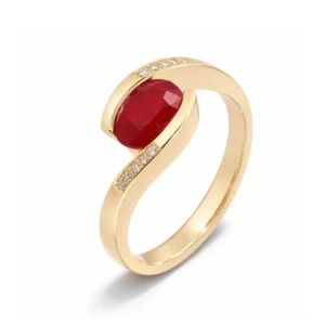Bague Or Jaune 750 Rubis Ovale 8x6mm et Diamant
