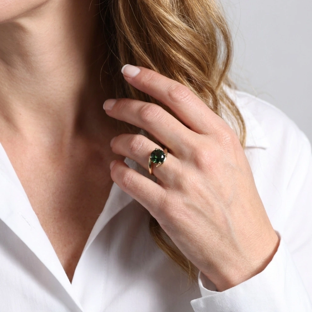 Bague Or Jaune 750 Tourmaline Verte AAA Ronde 9.5mm