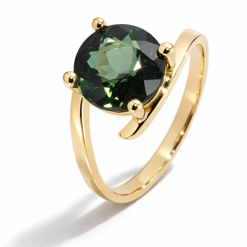 Bague Or Jaune 750 Tourmaline Verte AAA Ronde 9.5mm