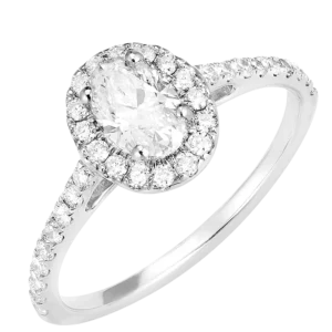 Bague Or blanc 750 ‰ (18 carats) - Diamant synthétique Ovale 0.5 carat - Halo Diamant synthétique - Sertissage Diamant synthétique