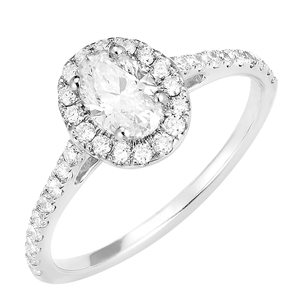 Bague Or blanc 750 ‰ (18 carats) - Diamant synthétique Ovale 0.5 carat - Halo Diamant synthétique - Sertissage Diamant synthétique