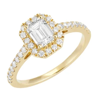 Bague Or jaune 750 ‰ (18 carats) - Diamant synthétique Rectangle 0.5 carat - Halo Diamant synthétique - Sertissage Diamant synthétique