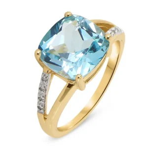 Bague Topaze bleue traitée Coussin 10mm et Diamant Or Jaune 37