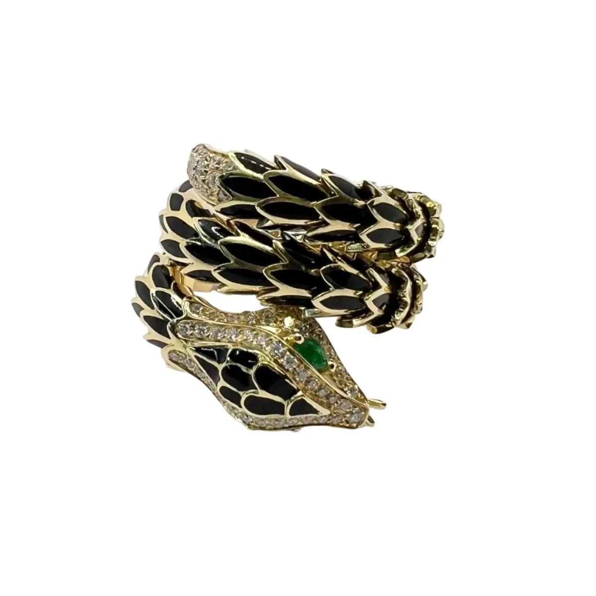 Bague en or jaune, émail, émeraudes et diamants