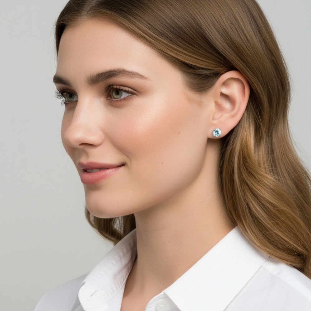 Boucles d'oreilles Or Blanc 750 Aigues marines Rondes 6mm