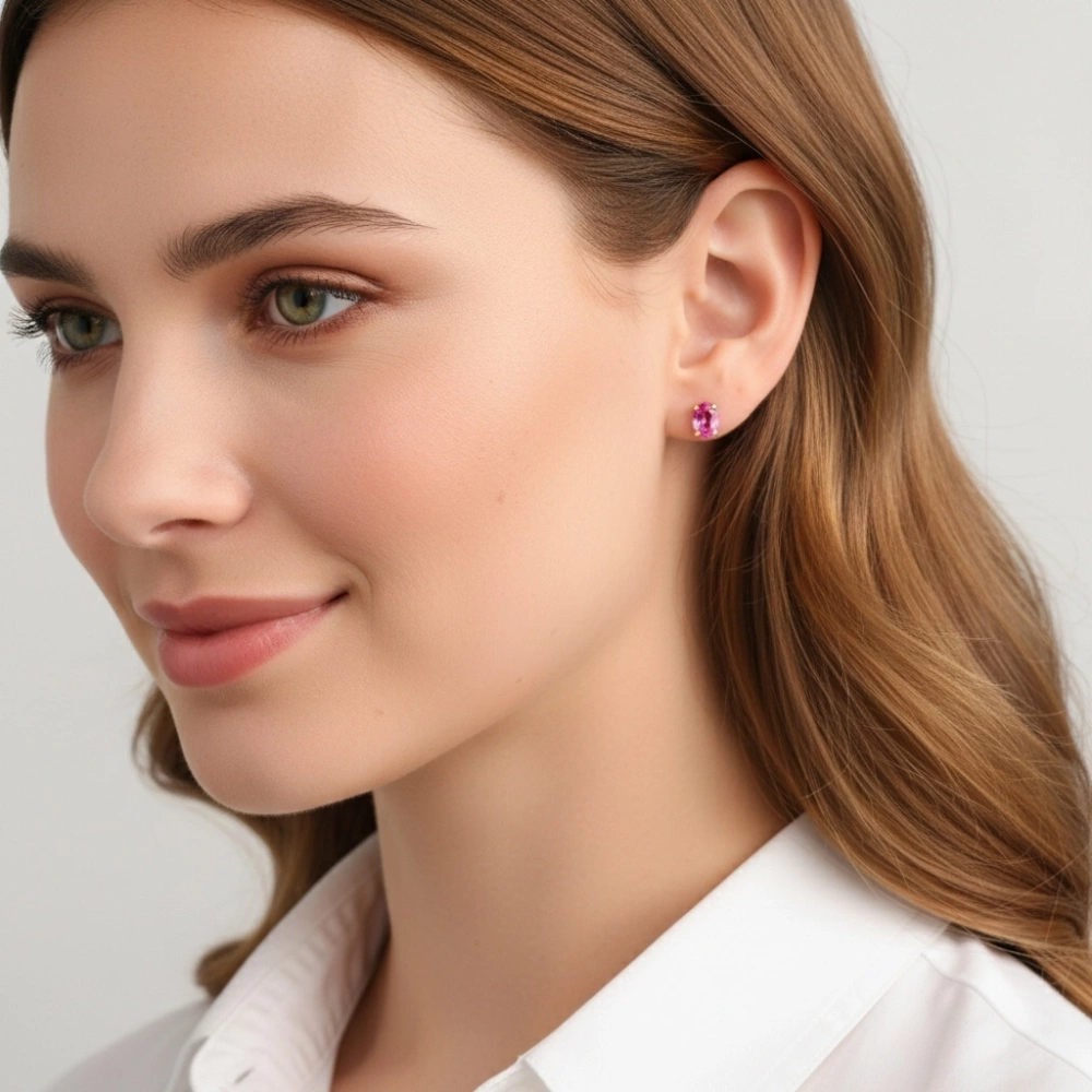 Boucles d'oreilles Or Jaune Saphir Rose AAA Ovale 7x5mm