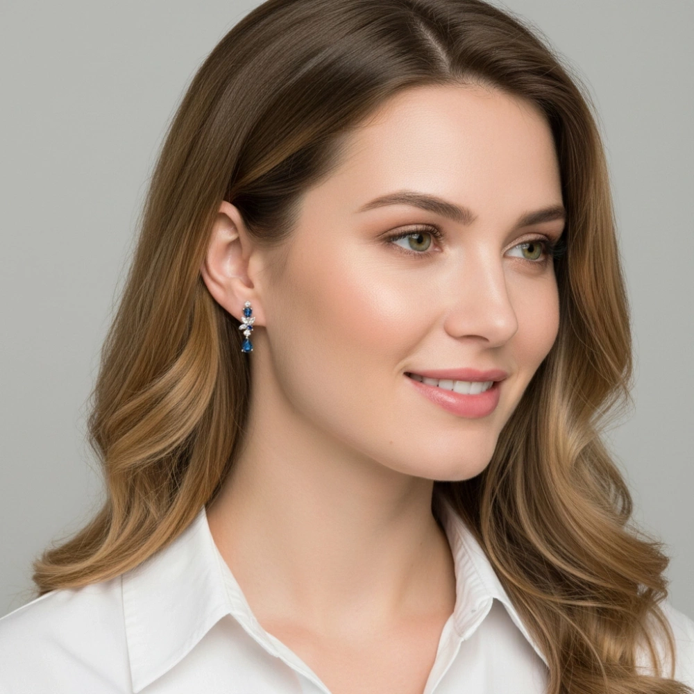 Boucles d'oreilles Pendantes Asymétriques en Or Jaune 750 Saphir et Diamant – Image 3