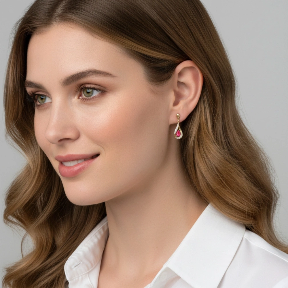 Boucles d'oreilles Pendantes Or Jaune 750 Rubis poire de 5x3mm et Diamants – Image 3