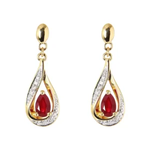 Boucles d'oreilles Pendantes Or Jaune 750 Rubis poire de 5x3mm et Diamants