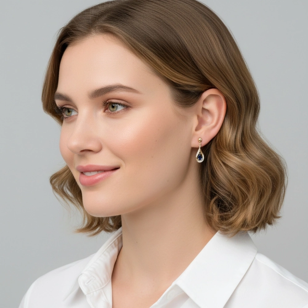 Boucles d'oreilles Pendantes Or Jaune 750 Saphir poire de 5x3mm et Diamants – Image 2