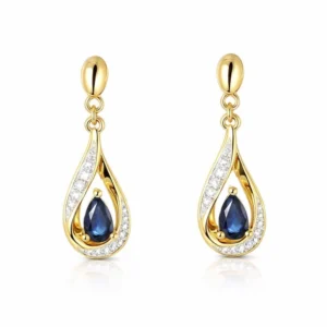Boucles d'oreilles Pendantes Or Jaune 750 Saphir poire de 5x3mm et Diamants