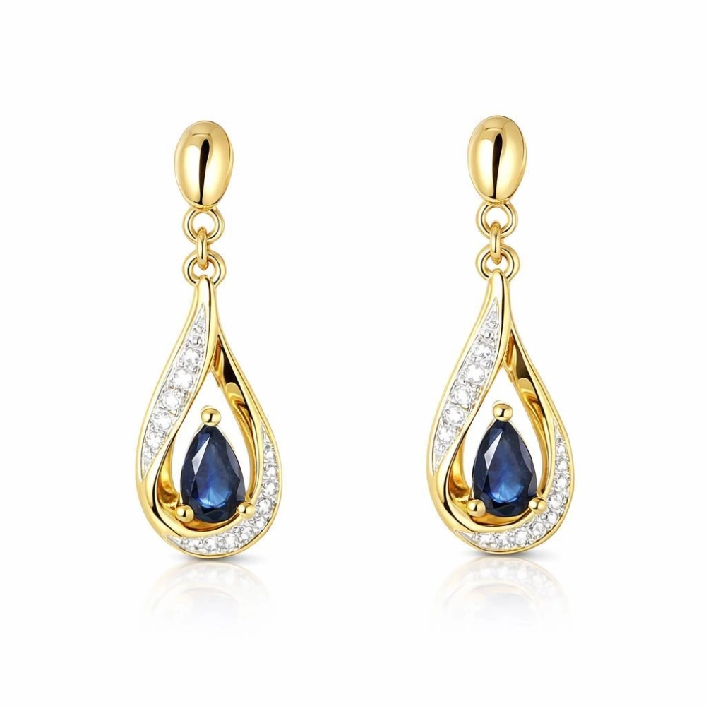 Boucles d'oreilles Pendantes Or Jaune 750 Saphir poire de 5x3mm et Diamants