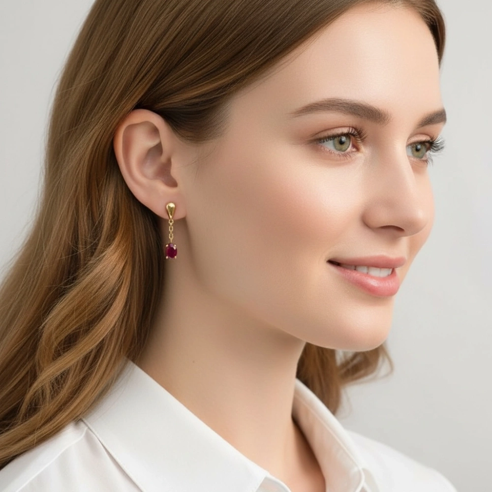 Boucles d'oreilles pendantes Or Jaune 750 Rubis Ovales 7x5mm