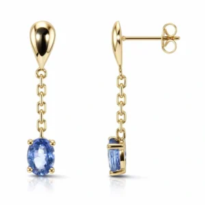 Boucles d'oreilles pendantes Or Jaune 750 Saphir de Ceylan AAA Ovale 7x5mm