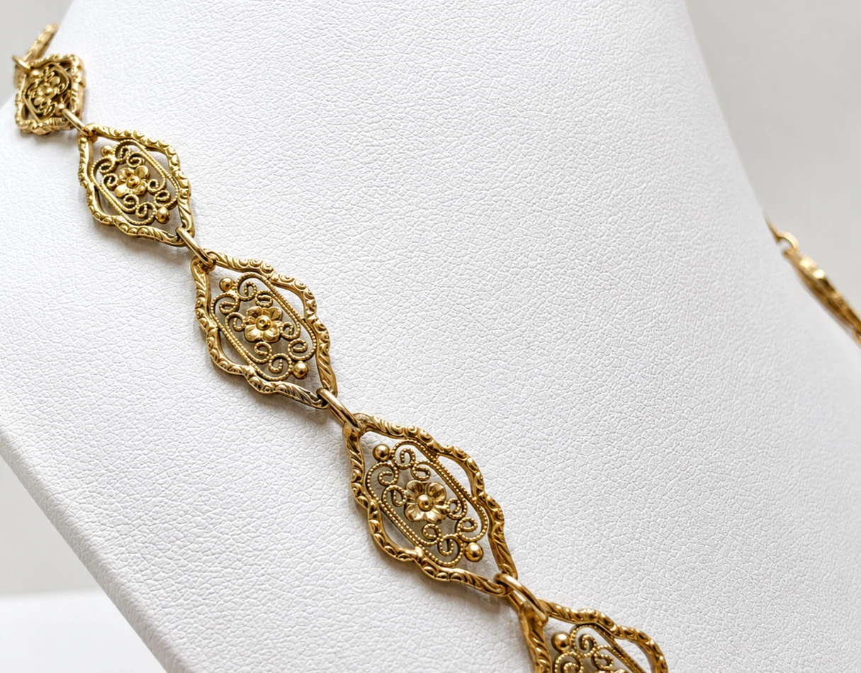Collier En Or Doré Filigrané 14 Carats 585 Or, Environ 18 g, Bijou Vintage – Image 7