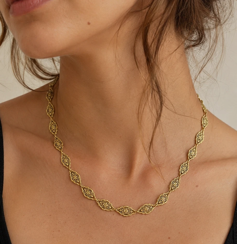 Collier En Or Doré Filigrané 14 Carats 585 Or, Environ 18 g, Bijou Vintage – Image 12