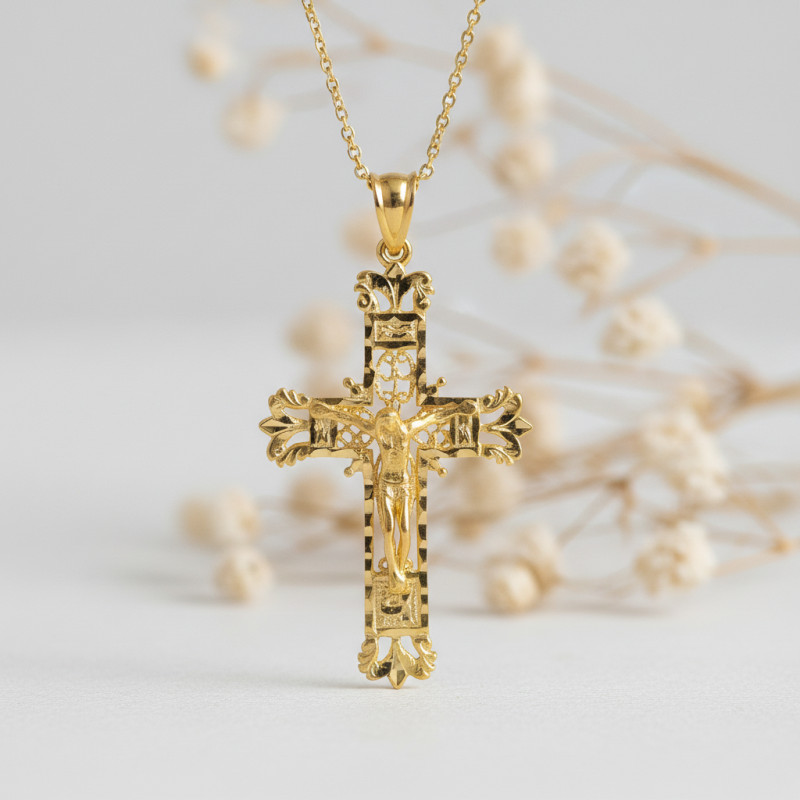 Croix Christ Filigrane, Or Jaune 750, 42x27 mm – Image 2