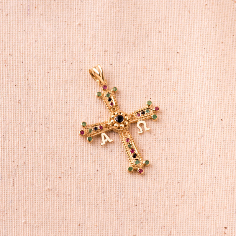 Croix Covadonga, Or jaune 750 & Pierres, 24x32mm