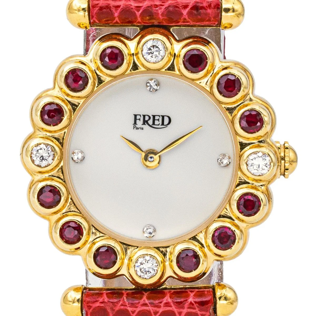 Montre FRED "Concerto" en or jaune, rubis, cuir, quartz et diamants – Image 3