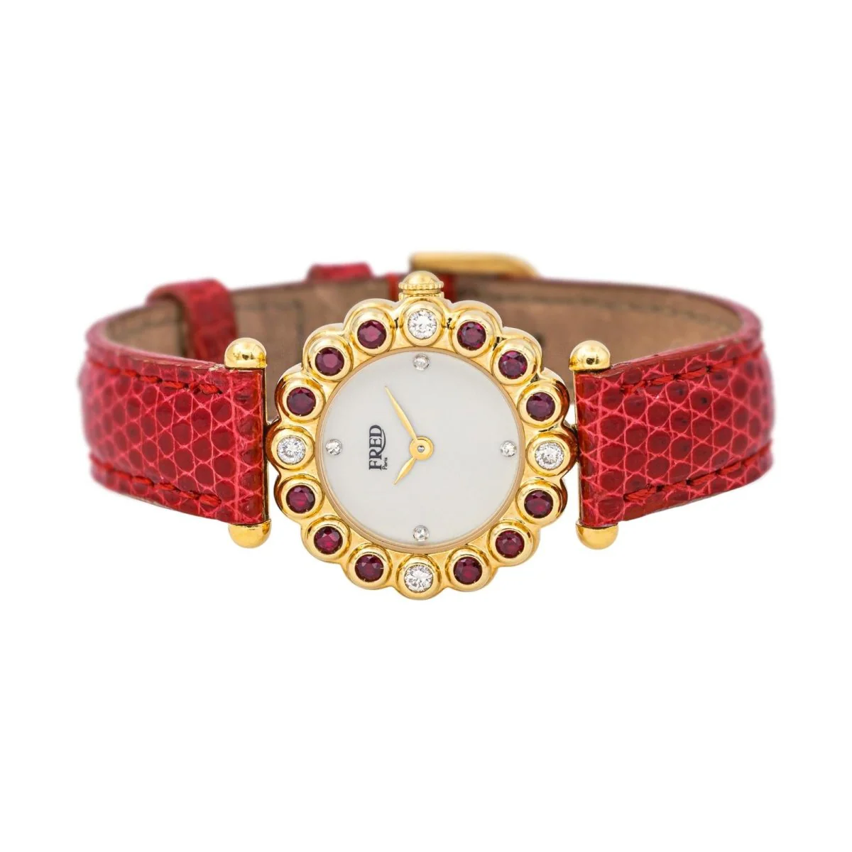 Montre FRED "Concerto" en or jaune, rubis, cuir, quartz et diamants – Image 4