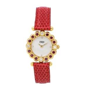 Montre FRED Concerto en or jaune, rubis, cuir, quartz et diamants
