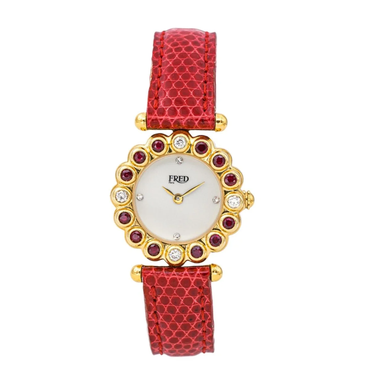 Montre FRED Concerto en or jaune, rubis, cuir, quartz et diamants