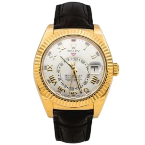 Montre ROLEX Sky-Dweller en or jaune, argent, cuir et saphir