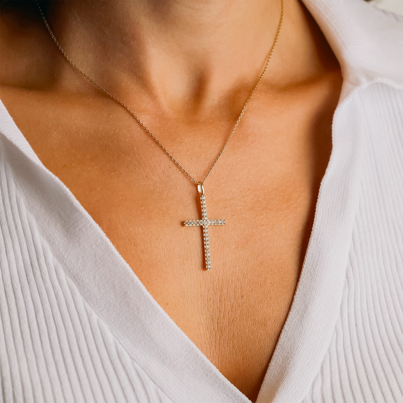 Pendentif Croix, Or Jaune 750 & Oxydes de Zirconium, 19x37 mm – Image 2