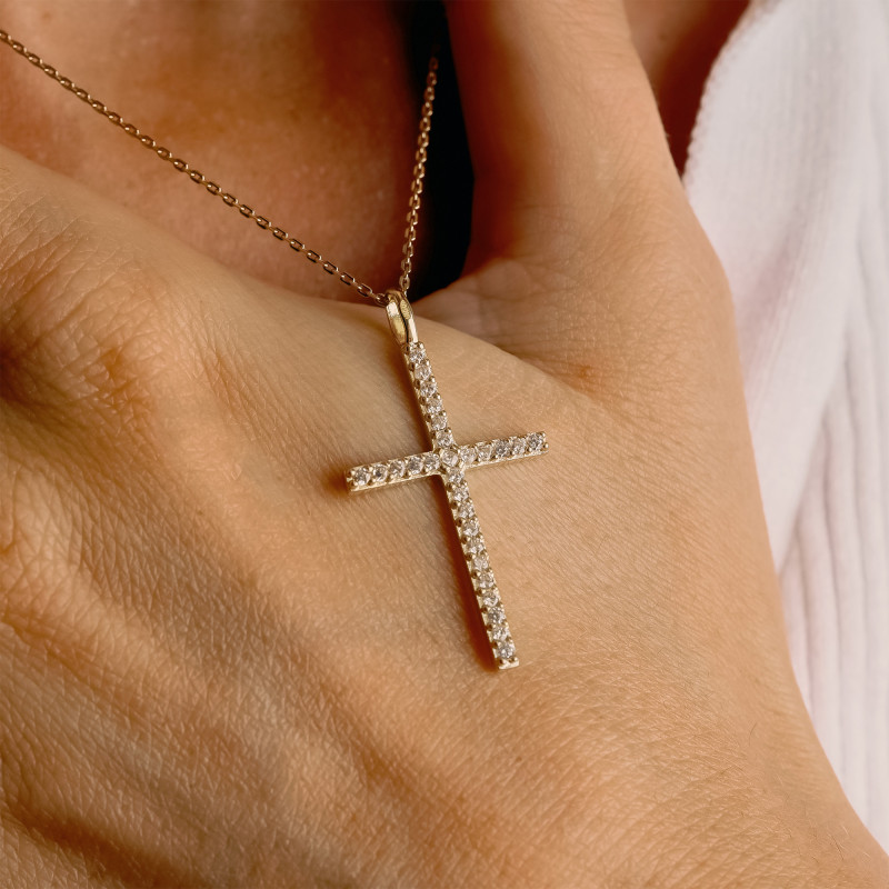 Pendentif Croix, Or Jaune 750 & Oxydes de Zirconium, 19x37 mm – Image 3