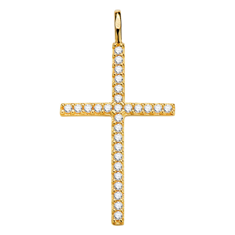 Pendentif Croix, Or Jaune 750 & Oxydes de Zirconium, 19x37 mm