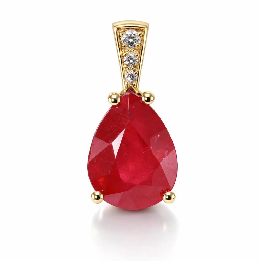 Pendentif Or Jaune 750 Rubis traité poire 11x9mm et diamants