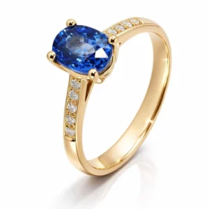 Solitaire Or Jaune 750 Saphir de Ceylan AAA Ovale et Diamant