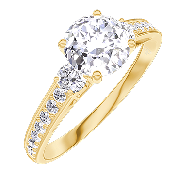 Bague Or jaune 750 ‰ (18 carats) - Diamant synthétique Rond 0.7 carat - Pierres de côté Diamant synthétique - Sertissage Diamant synthétique