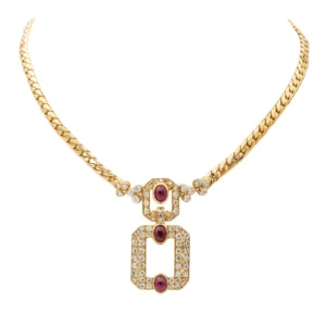Collier maille anglaise en or jaune 18 carats rubis et diamants