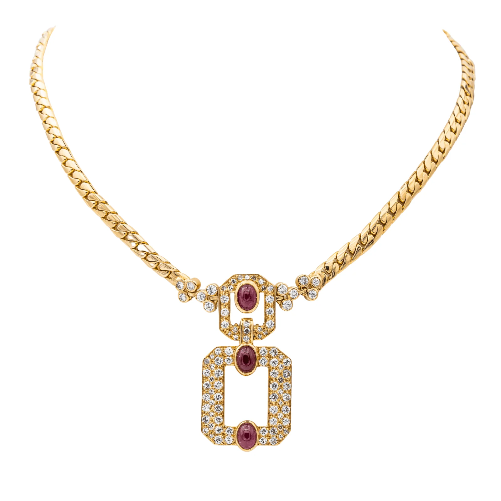 Collier maille anglaise en or jaune 18 carats rubis et diamants