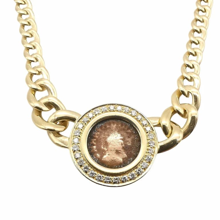 Collier maille gourmette en chute en or jaune 18 carats et diamants – Image 7