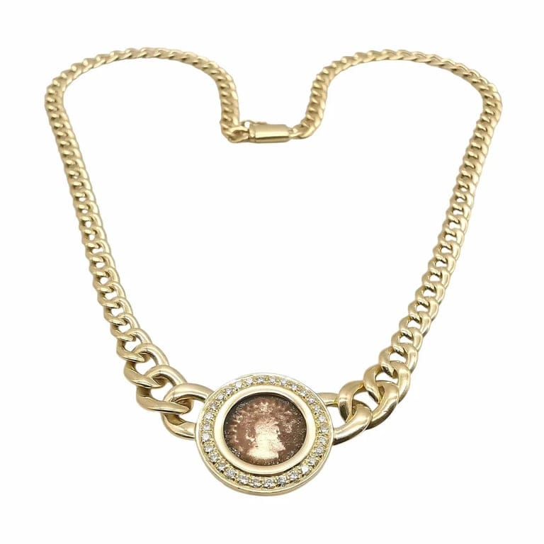 Collier maille gourmette en chute en or jaune 18 carats et diamants