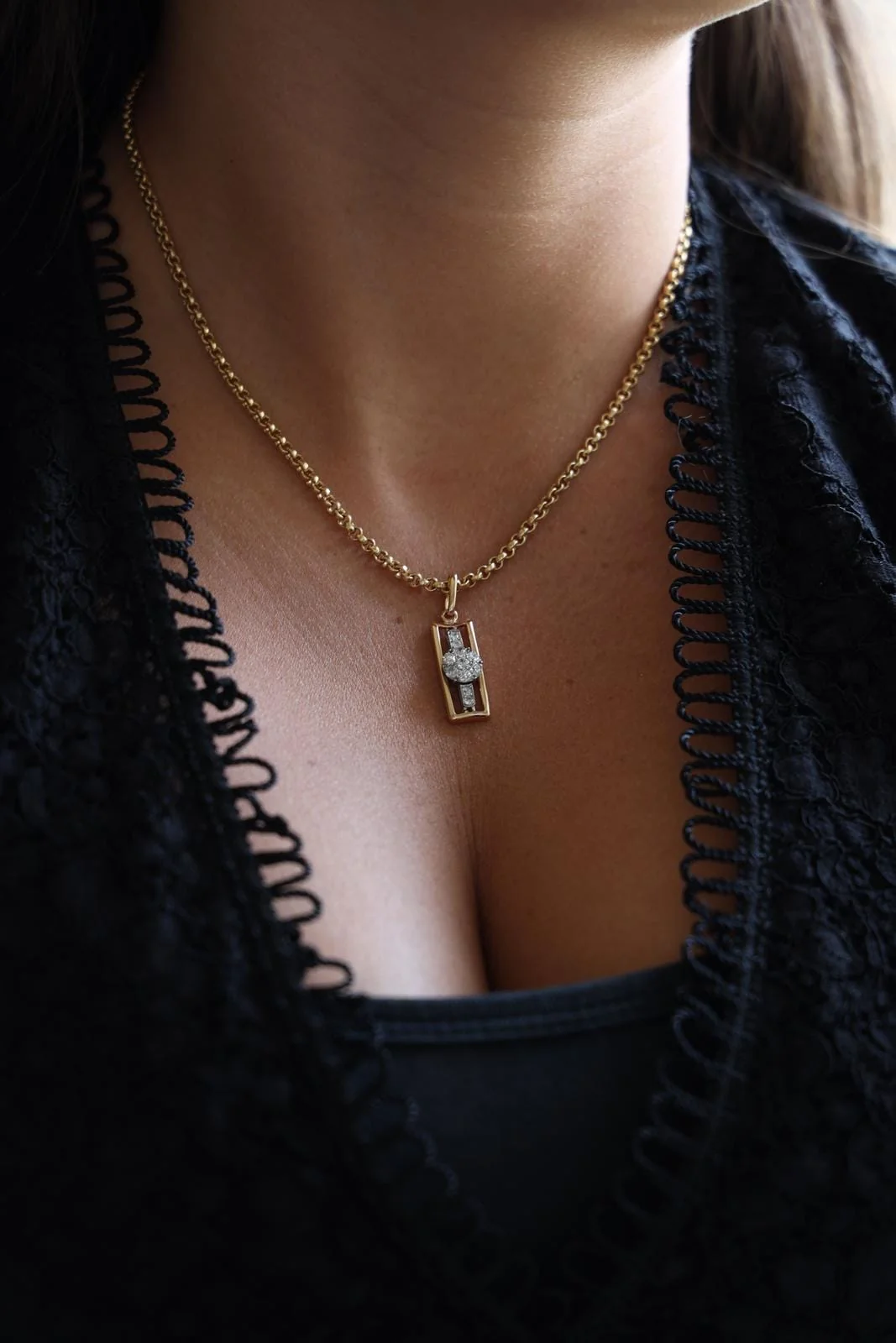 Collier - Chaîne maille jaseron et pendentif en or jaune et diamants – Image 2