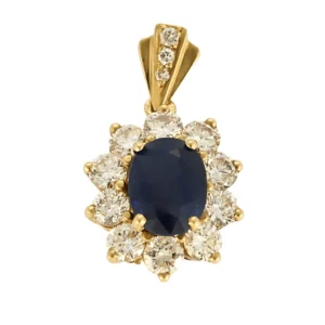 Pendentif marguerite en or jaune, saphir et diamants