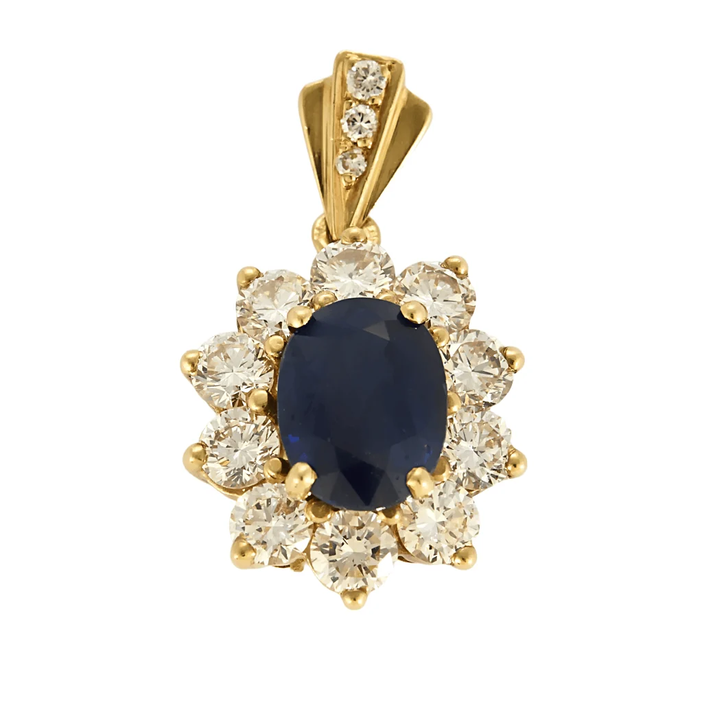 Pendentif marguerite en or jaune, saphir et diamants