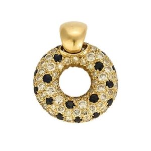 Pendentif rond ajouré en or jaune 18K, diamants et saphirs